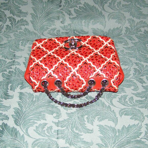 RARE Chanel Red Mini Patent Leather Woven Stitch Tweed Flap Bag - Picture 7 of 16